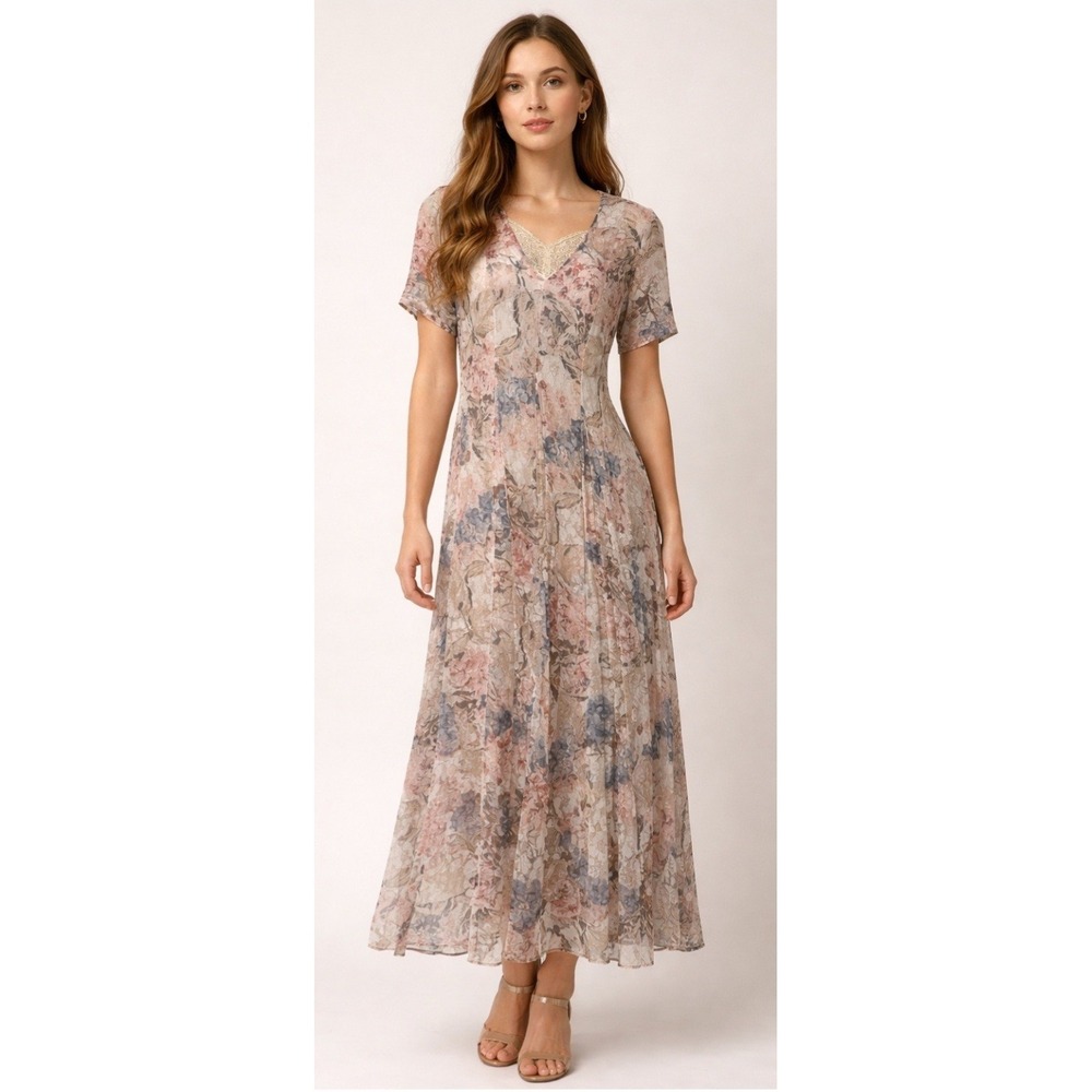 Vtg Starina Lace Floral Maxi‎ Dress Fairy Romantic Cottagecore Easter Womens S